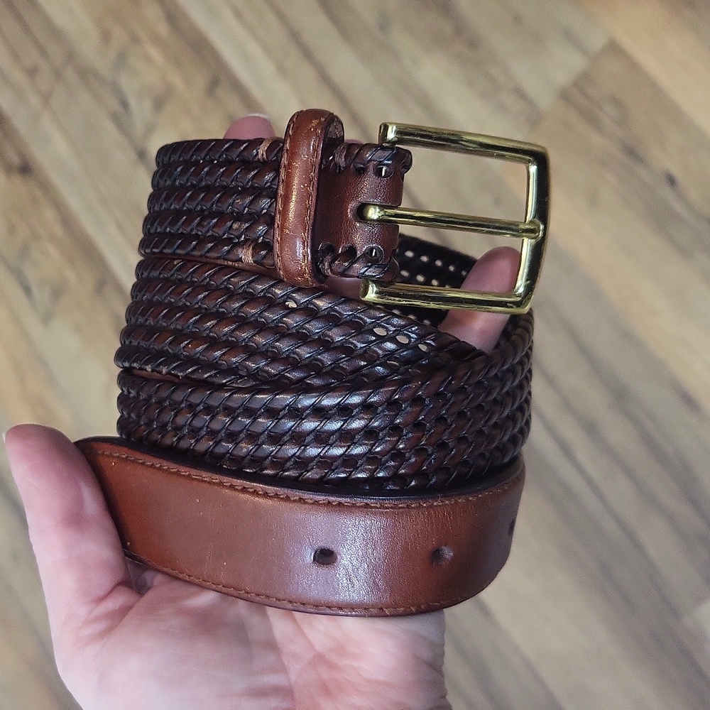 DOCKERS Brown 1" Woven Leather Brass Buckle Belt